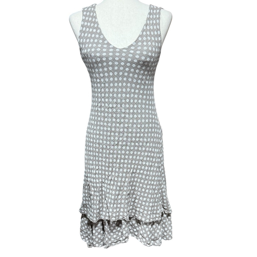 Angela Mara‎ Gauzy Cotton Blend Tan Polka Dot Tiered Dress Size M Italian Beachy